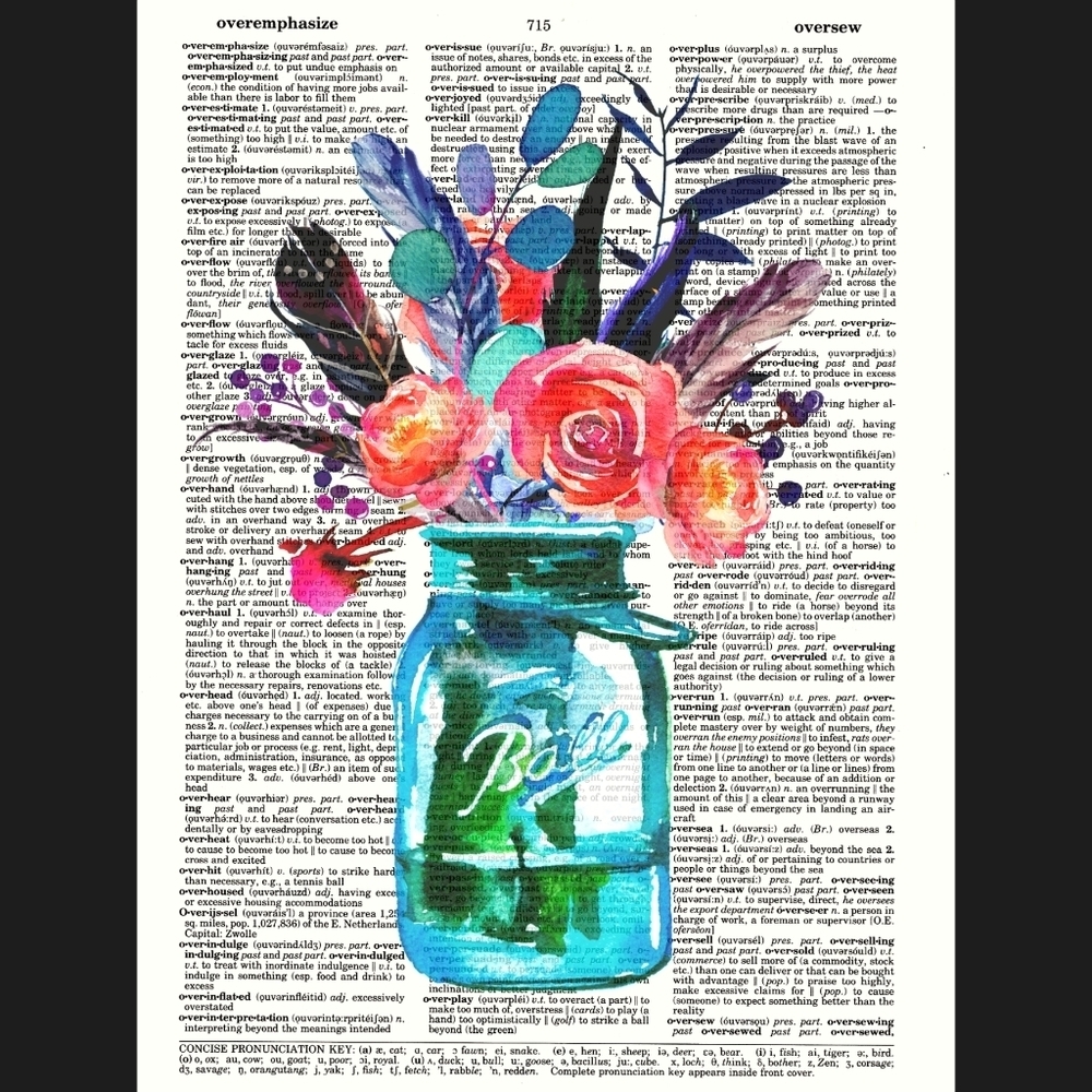 Sunset Bohemian Boquet Dictionary Art Print Decor